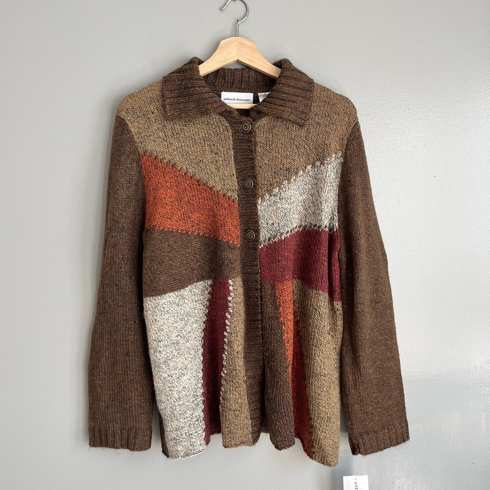 Alfred Dunner Cardigan Sweater Womens XL Brown Autumn Collage Patchwork Fall NWT